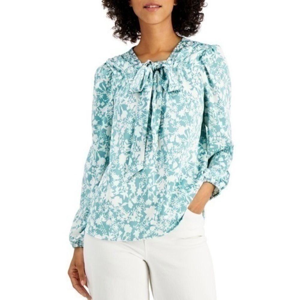 Blue Printed Neck Tie Blouse